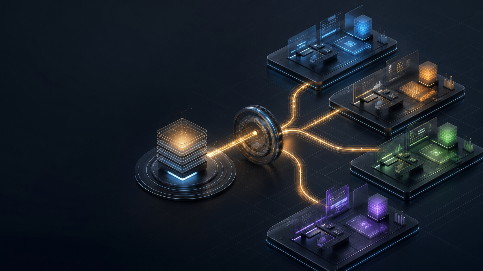 One creator-owned AI harness configuration distributed through a central Hub to several local workstation environments.